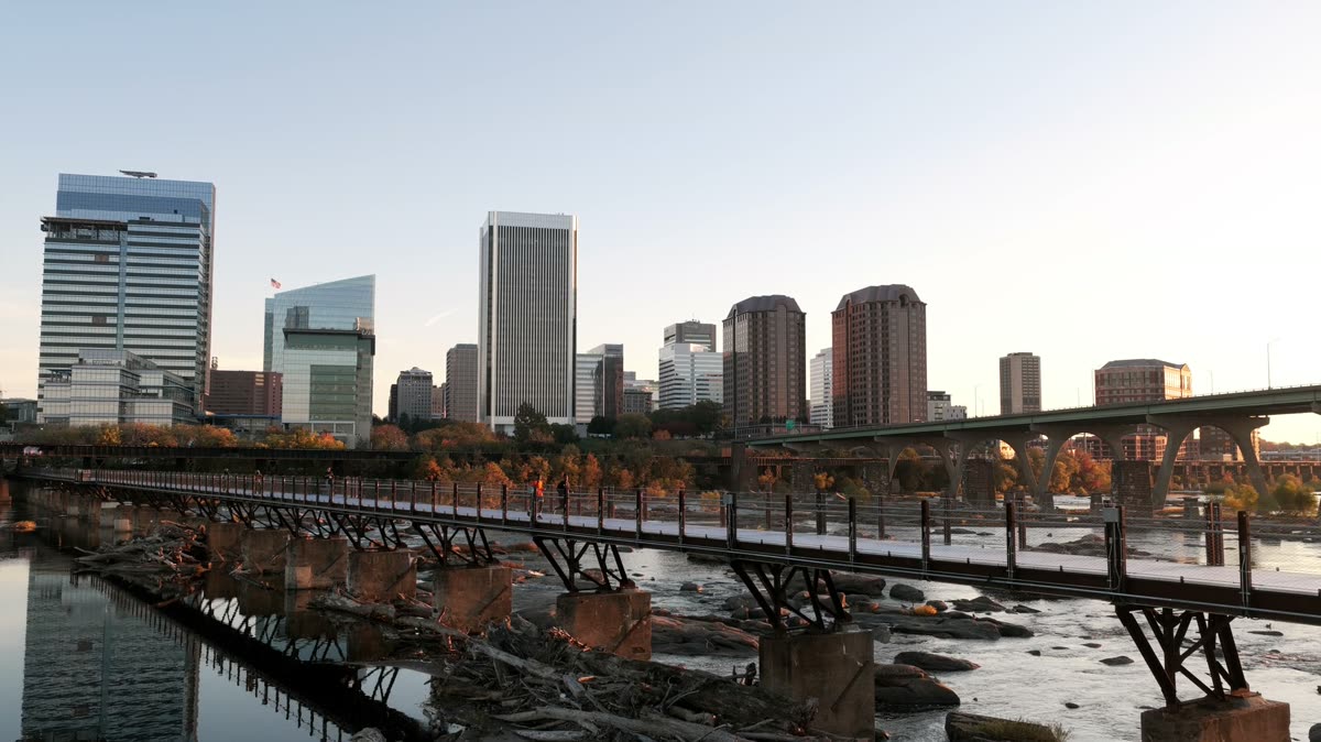 The Richmond, Virginia skyline across the James River at sunset